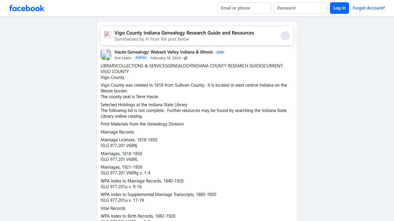 Haute Genealogy: Wabash Valley Indiana & Illinois LIBRARYCOLLECTIONS & SERVICESGENEALOGYINDIANA COUNTY RESEARCH GUIDESCURRENT: VIGO COUNTY Facebook